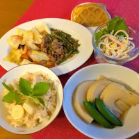 ☆たけのこごはん　☆たけのこ煮物　☆牛バラにんにく芽炒め　☆パスタサラダ　☆ももワッフル|chikakoさん