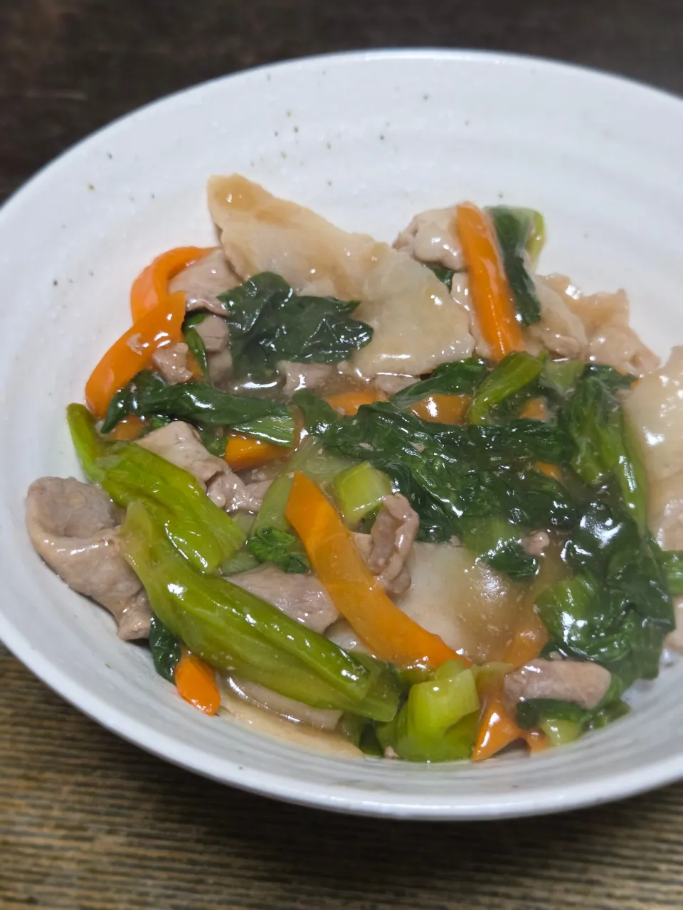 豚こまと小松菜のあんかけ丼とスープ|ぱんだのままんさん