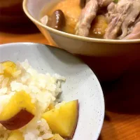 お芋ごはんと鶏うどん|おさかなさん