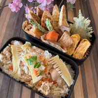 筍の炊き込みご飯✨筍の天ぷら✨筍の春巻き✨弁当
