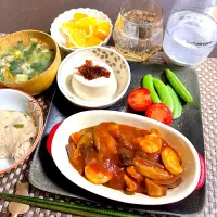 4/16晩ご飯：茄子と椎茸入りエビチリ| ななみんさん