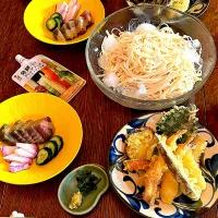 晩ごはん♯天ぷら♯うどん♯ぬか漬け♯バーニャカウダ|小松菜さん