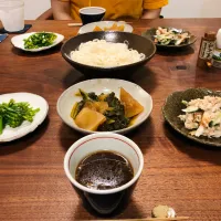 聖護院だいこんとかつお菜のたいたん、茎ブロッコリーのサラダ、きゅうりとツナの和え物、素麺|タロッカ主夫見習いさん
