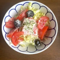 今日の晩ご飯@マンション・ベランダ⑥  トマトと新キャベツとオリーブのイタリアンサラダ　パルメザンチーズをたっぷりかけました　はやとは絶対食べられないでしょう| なびさん