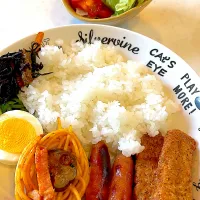 おっさんワンプレート　スパイシーチキン　ソーセージ　パスタ　板東英二　ピーマンしりしり　ひじき　サラダ　おにぎり|ひげおやじさん