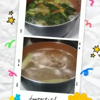 写真下はポッサム風を茹でているところ、上はポッサム風を茹でたゆで汁に、赤穂の天塩、小松菜、たけのこを入れてスープに変身|にんにくと唐辛子が特に好き❤️(元シャリマー)さん