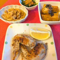 ☆手羽先香味焼き　☆厚揚げ甘辛焼煮　☆ホタテひ中華　☆ほうれん草ごま和え|chikakoさん