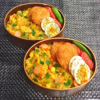 母とムスコのラブラブおソロ♪カレーピラフ＆イカえびカツ弁当|からあげビールさん