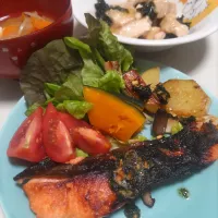 鮭と焼き野菜、鶏胸肉の海苔煮|ちゃいさん