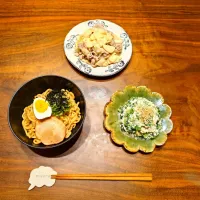 油そば🍜/筍と豚バラの塩炒め🧂🍳/ほうれん草の白和え🥬◻️|しゅりり𓂃𓈒𓋜さん