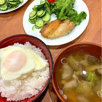 ゆで卵丼、茄子とキャベツ長ネギ味噌汁、ホッケ焼き|りえはるさん