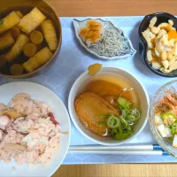たこめし　煮豆　おろしじゃこ　山芋オクラ　さつま揚げをたいたん|さゆさん