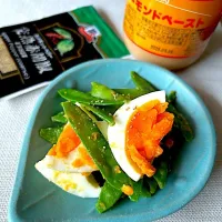 絹さやと卵のアーモンドペースト和え|むぎこさん