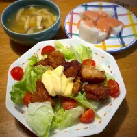 鶏唐揚げの甘照り焼きと、長芋のオーロラソースと、かぼちゃの味噌汁|もえさん