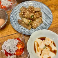 きゅうりの豚巻き、しらすとトマトのサラダ、湯葉豆腐、味噌汁（玉ねぎ、ベーコン）、卵かけご飯|およねさん