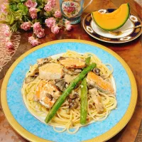 鮭　アスパラ　舞茸のレモン🍋クリームパスタ|ショコラさん