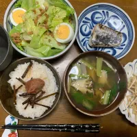 夕食　レタス納豆、サワラ塩焼き定食|ATさん