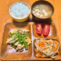スナップエンドウと豚肉の卵炒め、キャベツとにんじんと油あげのナムル、みそ汁|みさん