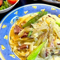 アスパラと新玉ねぎのカルボナーラ| DKさん