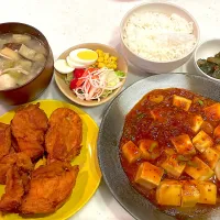 おっさん飯　唐揚げ　麻婆豆腐　サラダ　汁　ナスの煮浸し|ひげおやじさん