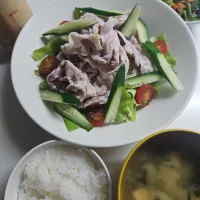 ☆夕飯☆ごはん、味噌汁、豚しゃぶサラダ、小松菜ナムル| ｼｮｺﾗさん