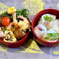 小鯛の笹漬けの手まり寿司、えびとコゴミ、オレンジブーケの天ぷら、ブリの塩焼き、黒酢肉団子、くるみ小女子入り出し巻き卵|めみさん