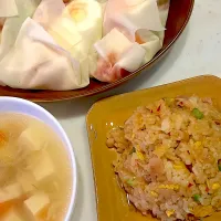 おっさん飯　春巻トルティーヤ　チャーハン　汁|ひげおやじさん