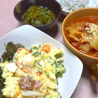 玉子ポテトサラダ🥗具沢山トマトスープ　めかぶ酢　釜揚げしらす|まゆさん
