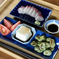 そら豆の大蒜塩焼き、カンパチ