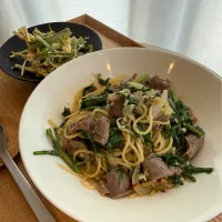 砂肝と春菊のガーリック醤油パスタセット