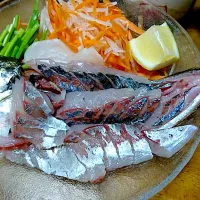 9年前の釣り魚その①活き〆血抜き真アジの姿造り ツマは冷蔵庫にある物でテキトーに|🐈⸒⸒⸒⸒つるのダンス🐈🐾さん
