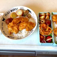おっさん弁当&ワンプレート　うずら揚げ　肉団子　俺のチンピラ　パスタ　ニンニク　トマト　チキンカツ|ひげおやじさん