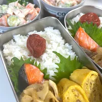 鮭の塩焼き　豚肉と舞茸、レンコン、玉ねぎ甘辛炒め　甘めの玉子焼き　しらたきヨーグルトサラダ　ブロッコリー🥦|まゆさん