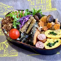 鶏肉いりどり、鮭、たたきごぼう、レンコン七味唐辛子、三つ葉入り出し巻き卵、牛肉しぐれ煮と桜でんぶ| めみさん