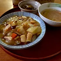 中華丼、春雨スープ、茄子中華煮|いちごさん
