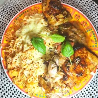 🇫🇷Pasta gratin with tomato sauce, ratatouille, roast chicken, pork escalope,and candied garlic🇫🇷