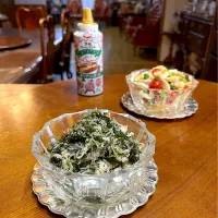 ササミサラダ🥗ゆで卵トマト🍅エンドウ🫛和え＊じゃこワカメ木の芽高菜和え