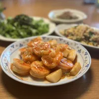 5/17の夕食　海老と山芋のチリソース炒め|yoneさん