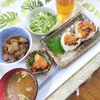 昨日の残り味噌で、焼きおにぎり定食✨息子の朝ご飯です✨|rikako♪。.:＊さん
