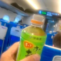 drinking「伊藤園  お〜い  お茶」inのぞみ355号　この週末ははやとのところで用事があったので、藤沢で過ごしました。名古屋に戻るべく新幹線に乗り込み、お茶で一服します。ちなみにこのお茶は昨日の鵠沼海岸での用務先でちょうだいしたものです。その場で開けずにとっといてよかった。|なびさん