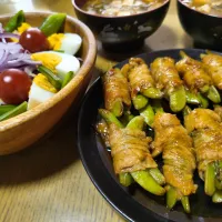🫛スナップエンドウの肉巻きと💜紫玉ねぎのサラダ|みよぱさん