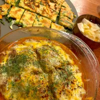 スコップチーズハンバーグ　ニラチヂミ　味噌汁|とゆあさん
