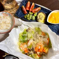 5/18晩ご飯：海老の味噌胡麻蒸し