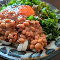 冷やし納豆うどん　ネギたっぷり