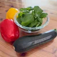 もらったお野菜と ベランダプランター栽培のスイートバジル|愛さん